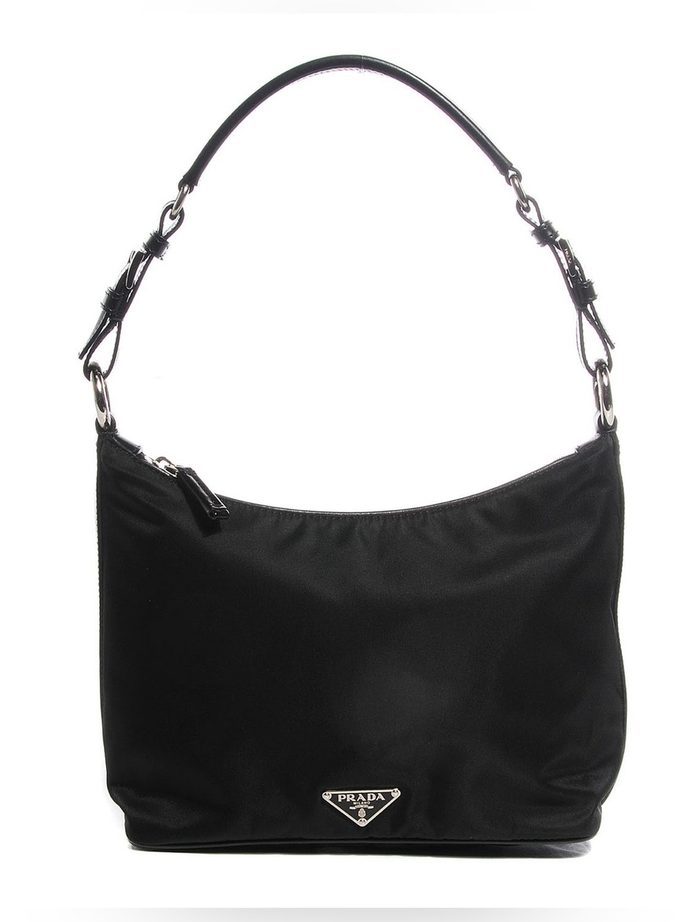 Vintage Prada Tessuto Nylon Saffiano Leather Trim Logo Shoulder Bag Black